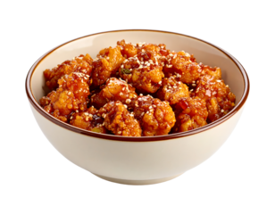 A bowl of sticky Korean boneless fried chicken coated in a rich, sweet and spicy glaze and topped with sesame seeds.
