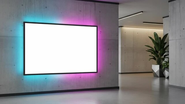 Vibrant interactive display with changing neon lights in modern office corridor