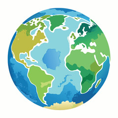 A colorful vector-style globe with bright blue oceans and green continents, illustrated in a clean, modern, and slightly cartoonish style
