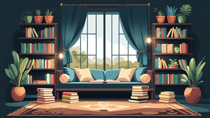 Cozy Reading Nook: Serene Library Interior with Bookshelves and Window