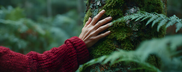 Close-up of woman gently touching the moss-covered trunk of forest tree, capturing quiet moment in nature where she connects with the environment for calm