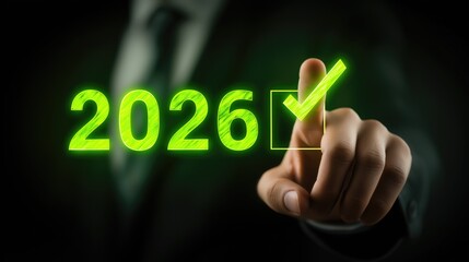 Close-up of a businessman’s hand selecting glowing green “2026” with a check mark in a futuristic digital interface. Concept of planning, innovation, and setting business goals for the future.