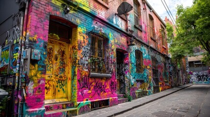 Naklejka premium A stunning alleyway showcases brilliant street art and vivid graffiti on brick walls in the city.