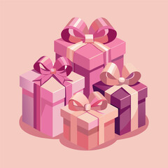 Cute pink gift boxes with ribbons, soft pastel colors, flat illustration style, shadows and highlights, clean and minimal design