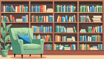 Cozy Reading Nook: Armchair and Bookshelves Filled with Literature
