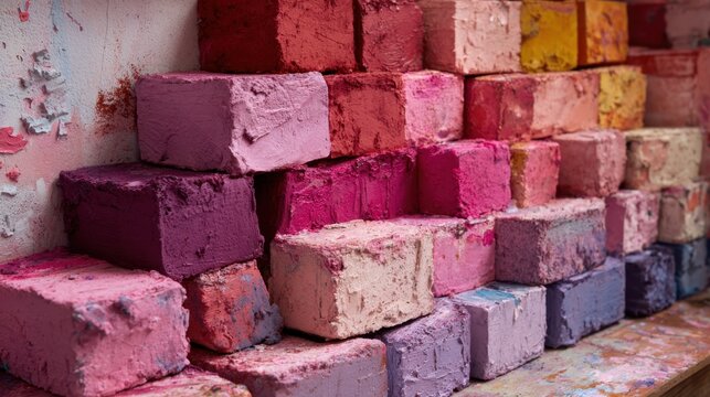 Stacks of vibrant chalk pieces in soft pastel colors create a cheerful display inviting creativity.