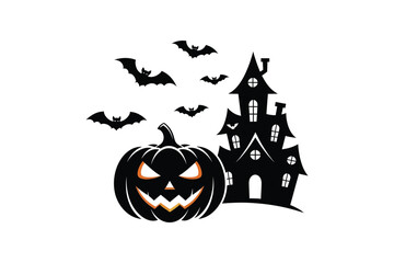 Spooky halloween scene with jack o lantern haunted house and bats