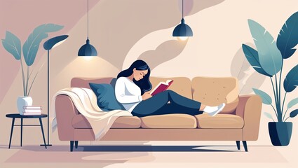 Peaceful Reading Moment: Woman Relaxing on Cozy Sofa