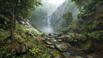 Lush, green mountain landscape with a small waterfall and rocky stream on a foggy day