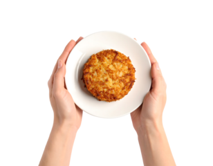 A pair of hands holds a white plate featuring a single, round golden-brown hash brown, emphasizing its crispy texture.