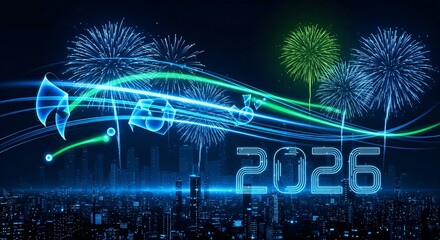 Futuristic night cityscape with glowing 2026 numerals vibrant fireworks and flowing data streams