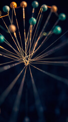 Abstract, artistic closeup featuring connected beads radiating outwards. Represents network, growth, connection, and innovation. Perfect for science, technology, and conceptual visuals.