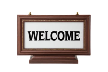 Ornate wooden framed sign with the word W E L C O M E in black text welcome greeting, Isolated On White Background, Png Transparent