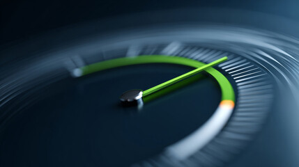 Close-up of a modern gauge dial with a green indicating measurement on a dark circular scale with white markings and blurred background