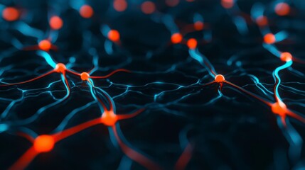 A vibrant, interconnected network of glowing nodes and lines, resembling a digital or neural structure in a dark environment.