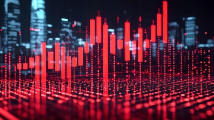 A vibrant digital visualization of stock market trends, featuring red candlestick charts against a city skyline at night.