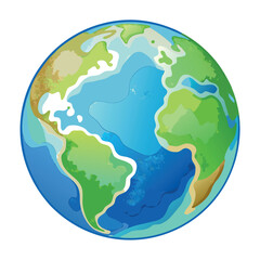 A colorful vector-style globe with bright blue oceans and green continents, illustrated in a clean, modern, and slightly cartoonish style