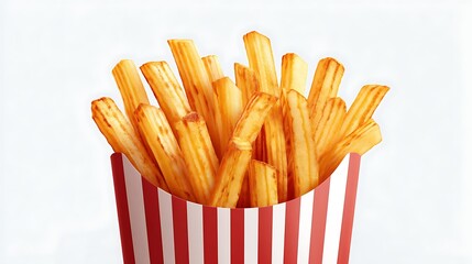 Playful french fries poster with golden fries in striped fast food container 
