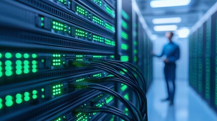 A data center with green-lit servers and cables, featuring a blurred figure in the background, indicating a high-tech environment.