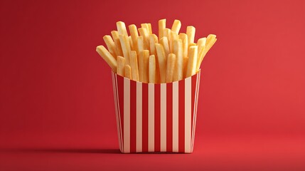 Playful french fries poster with golden fries in striped fast food container 