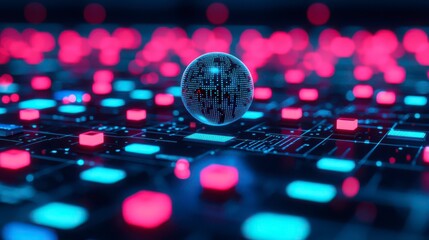 A futuristic digital landscape featuring a glowing sphere surrounded by vibrant blue and pink nodes, representing technology and connectivity.
