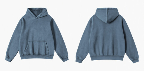 Blank Washed Soft Blue Hoodie Front and Back View Isolated on White Background for Mockup
