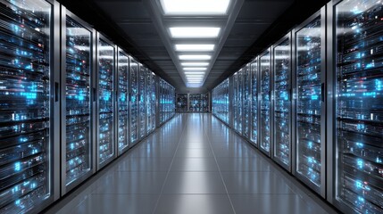 A sleek corridor features illuminated server racks filled with vibrant lights and advanced devices.