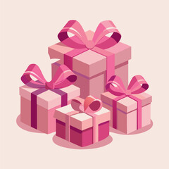 Cute pink gift boxes with ribbons, soft pastel colors, flat illustration style, shadows and highlights, clean and minimal design
