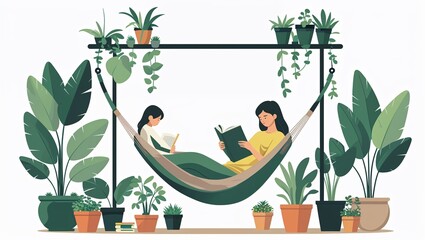 Relaxing in Hammock with Books and Plants