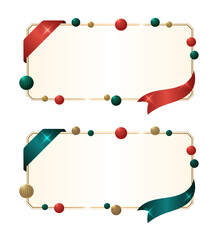 ゴールドの縁取りがある長方形フレーム2点セット、赤とティールグリーンと金色のオーナメントとリボンで装飾された、クリスマスやホリデーシーズンの招待状・案内バナーに最適なベクターイラスト