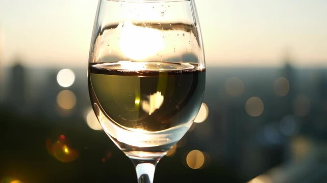 A close-up of a wine glass with sunlight reflecting on its surface, set against a blurred city skyline during a golden hour sunset. 4k Video footage.