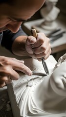Obraz premium A sculptor's hands meticulously carving details into a white marble bust with traditional tools.