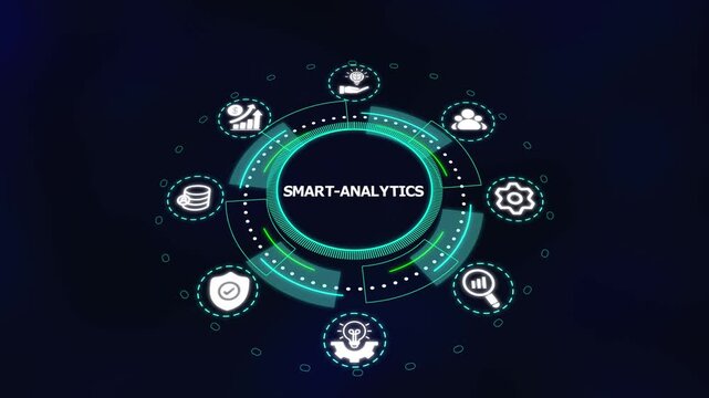 Smart Analytics and Data Intelligence Concept. Futuristic Dashboard Interface Showing Real-Time Metrics, Predictive Insights, Performance Trends, and Business Decision Systems.