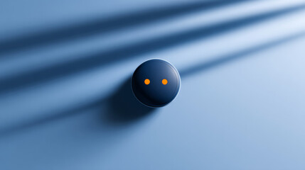 Minimalist top view of a dark round object with two orange dots casting long shadows on a smooth blue surface under soft lighting