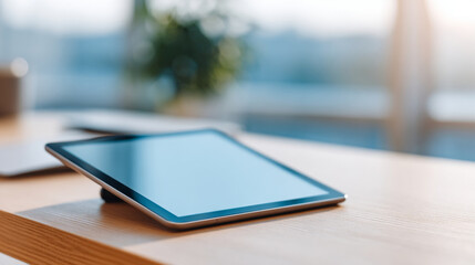 Modern digital tablet lying on wooden desk with blurred background and natural light in a bright environment