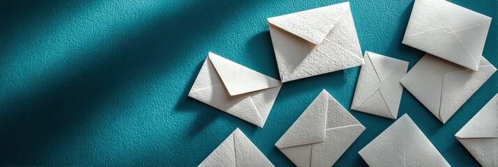 A collection of white envelopes scattered on a teal surface, highlighting a minimalist and elegant design.