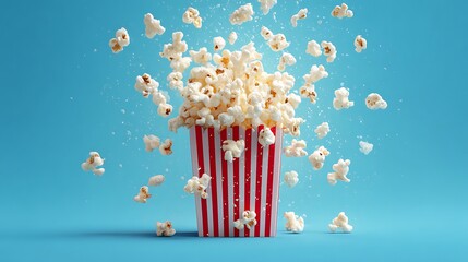 Playful popcorn poster with bursting kernels, striped theater box design elements