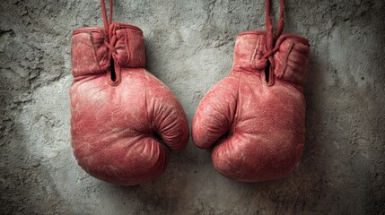 Red boxing gloves hang from a string on a weathered wall showcasing their history and character.