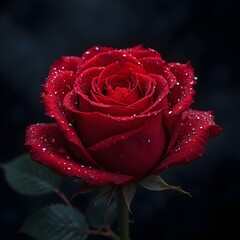 &ldquo;Close-Up Macro Shot of a Red Rose Covered in Dew Drops Against Dark Background &ndash; High-Detail Floral Photography, Romantic Nature Bloom&rdquo;