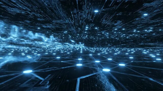 Seamless loop of electric blue digital data flowing across a geometric dark background with intense luminosity abstract, speed, modern design