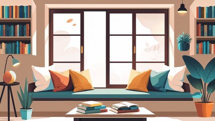 Cozy Window Seat Reading Nook, Bookshelves, Plants, Home Interior Design