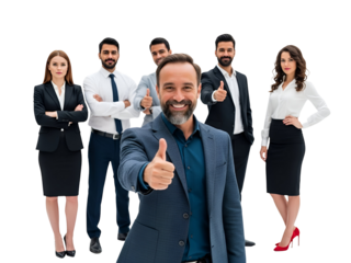 Confident bearded businessman in a blue suit giving a thumbs up, leading a diverse, happy professional team in corporate attire, symbolizing success and approval, isolated on transparent background.