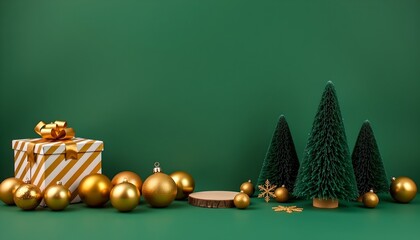 The image presents a festive scene with a deep green background that sets a warm and elegant atmosphere, The main subjects are decorative holiday items arranged along the bottom edge of the frame