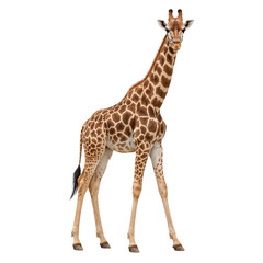 Naklejka premium Elegant giraffe portrait against a stark black backdrop emphasizing its distinct markings and form