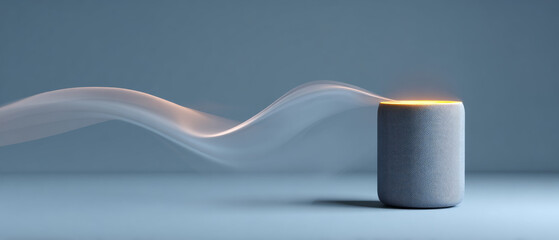 Modern smart speaker emitting sound waves in minimalistic blue environment with glowing top light and smooth flowing audio visualization