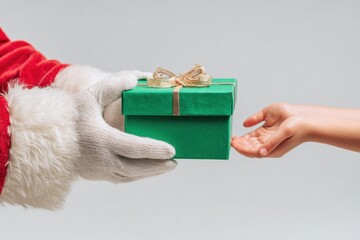 Santa Claus presents a festive green gift box to a child with a joyful holiday spirit. MZ 