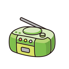 Cartoon illustration of a retro green portable radio with an antenna and control buttons on a white background.