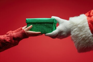Santa Claus presents a festive green gift box to a child with a joyful holiday spirit. MZ 