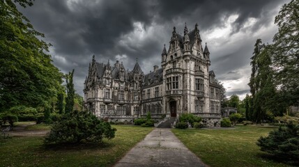 Fototapeta premium An imposing mansion with intricate architecture stands amidst dark clouds and lush greenery evoking intrigue.