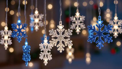 Christmas snowflake lights in blue and white colors hanging on strings with warm glowing bokeh background. Winter festive holiday home decor.